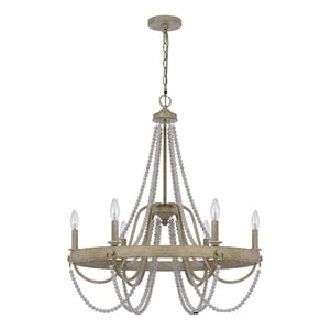 Maci 28 Inch Chandelier-White Beaded Candelabra Design-Brown Wood