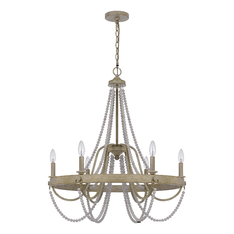 Maci 28 Inch Chandelier-White Beaded Candelabra Design-Brown Wood