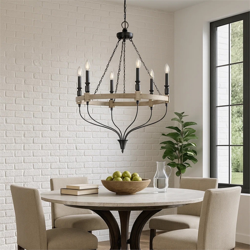 Omy 26 Inch Chandelier-Distressed Wood Wheel Candelabra Design-Black