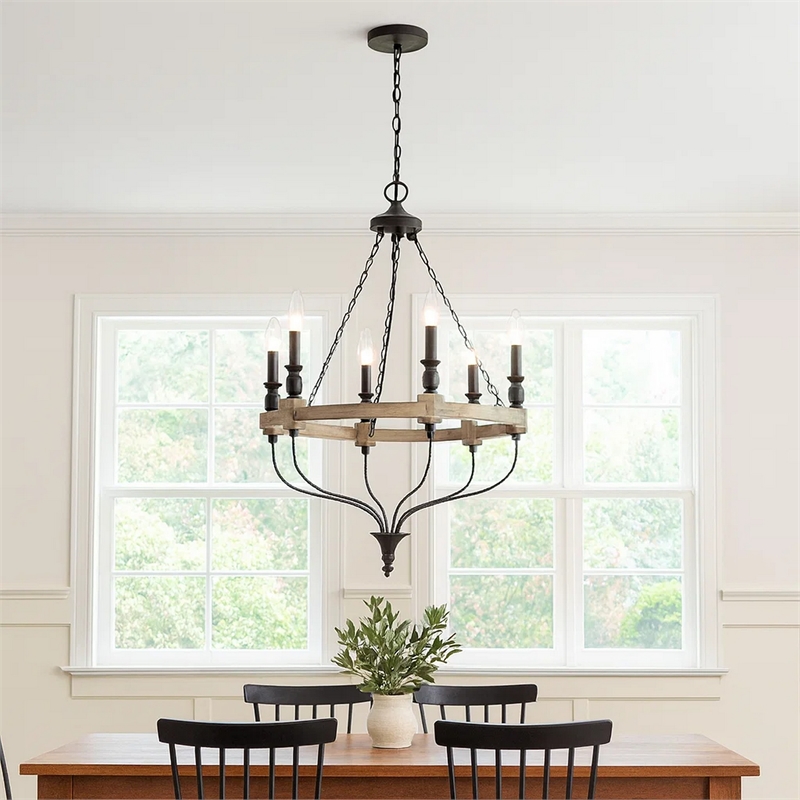 Omy 26 Inch Chandelier-Distressed Wood Wheel Candelabra Design-Black