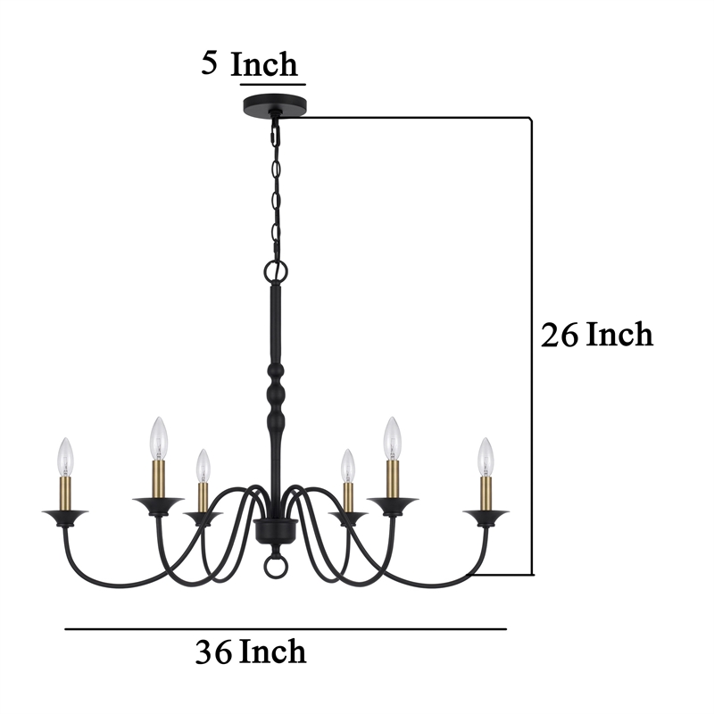 Rino 36 Inch Chandelier-Brass Candelabra Sleeve Accents-Black Metal