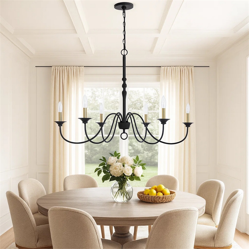 Rino 36 Inch Chandelier-Brass Candelabra Sleeve Accents-Black Metal