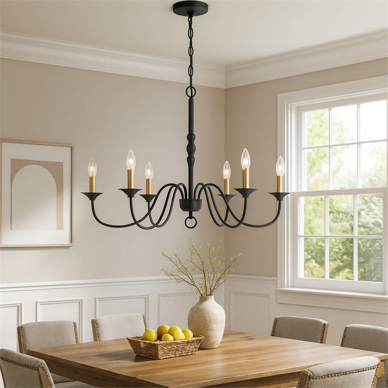 Rino 36 Inch Chandelier-Brass Candelabra Sleeve Accents-Black Metal