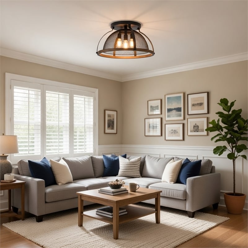 Monty 16 Inch Semi Flush Ceiling Mount Light Fixture-Black Mesh Shade