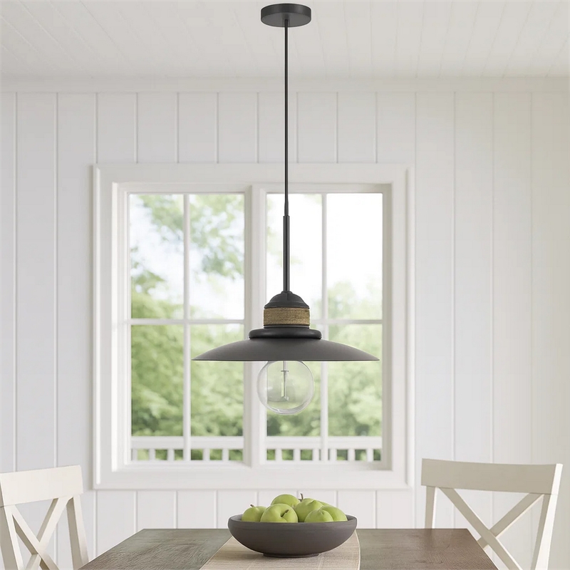 Oly 16 Inch Pendant Light w Burlap Rope Design-Dark Gray