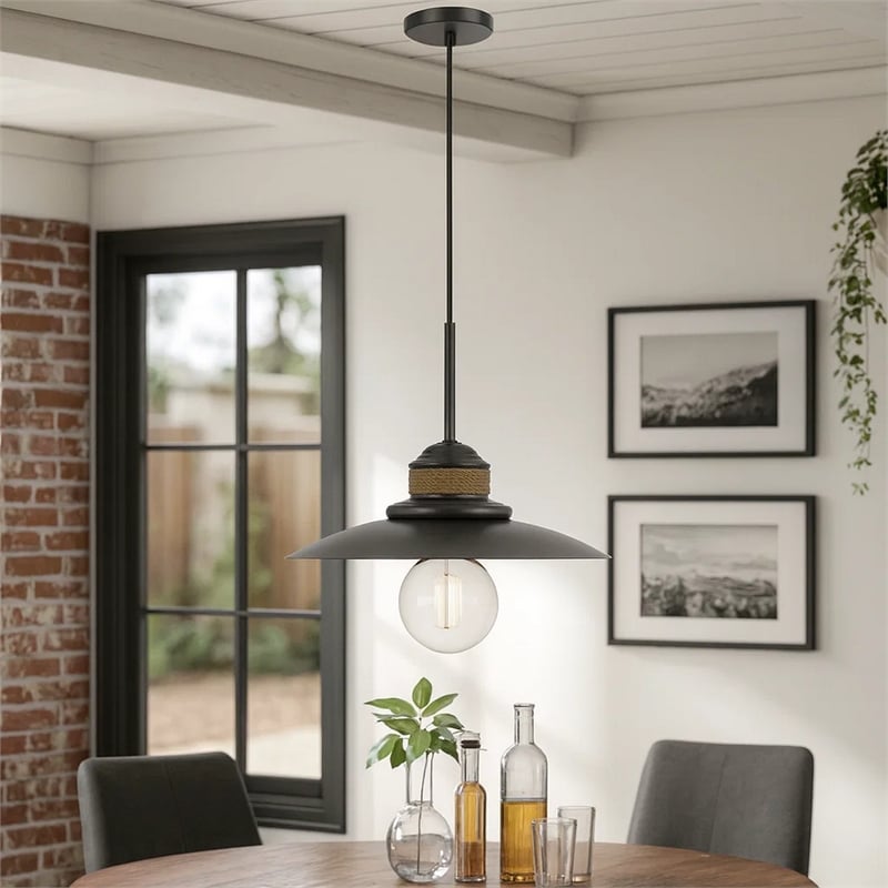 Oly 16 Inch Pendant Light w Burlap Rope Design-Dark Gray