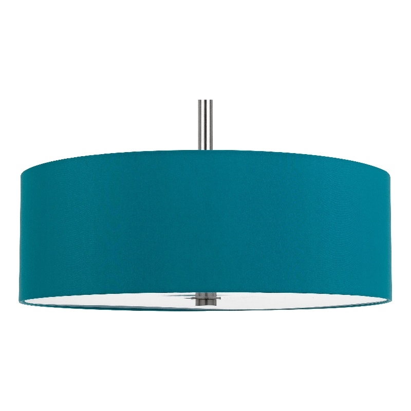 Sia Pendant Light Fixture w Blue Hardback Drum Shade-24 Inch Chrome