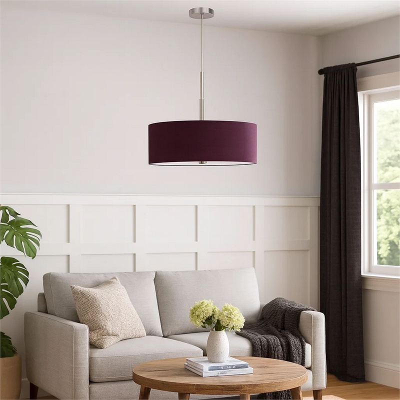 Sia Pendant Light Fixture w Plum Hardback Drum Shade-24 Inch Chrome