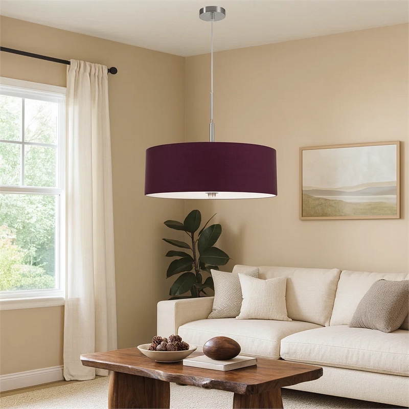 Sia Pendant Light Fixture w Plum Hardback Drum Shade-24 Inch Chrome