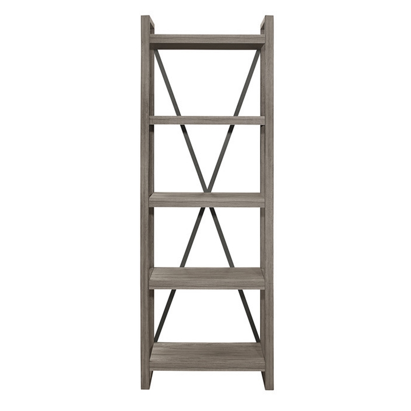 Rie 77 Inch Bookshelf- 4 Tiers - Metal X Shaped Support- Rustic Gray Wood