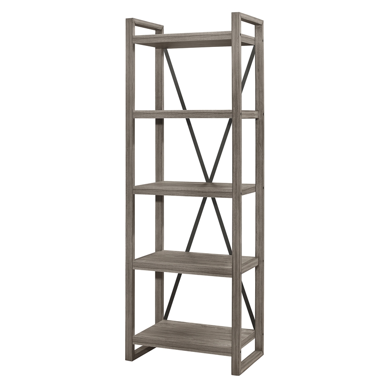 Rie 77 Inch Bookshelf- 4 Tiers - Metal X Shaped Support- Rustic Gray Wood