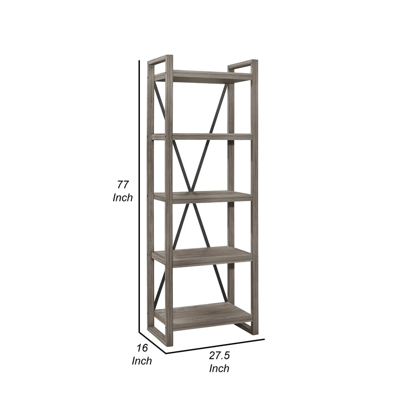 Rie 77 Inch Bookshelf- 4 Tiers - Metal X Shaped Support- Rustic Gray Wood