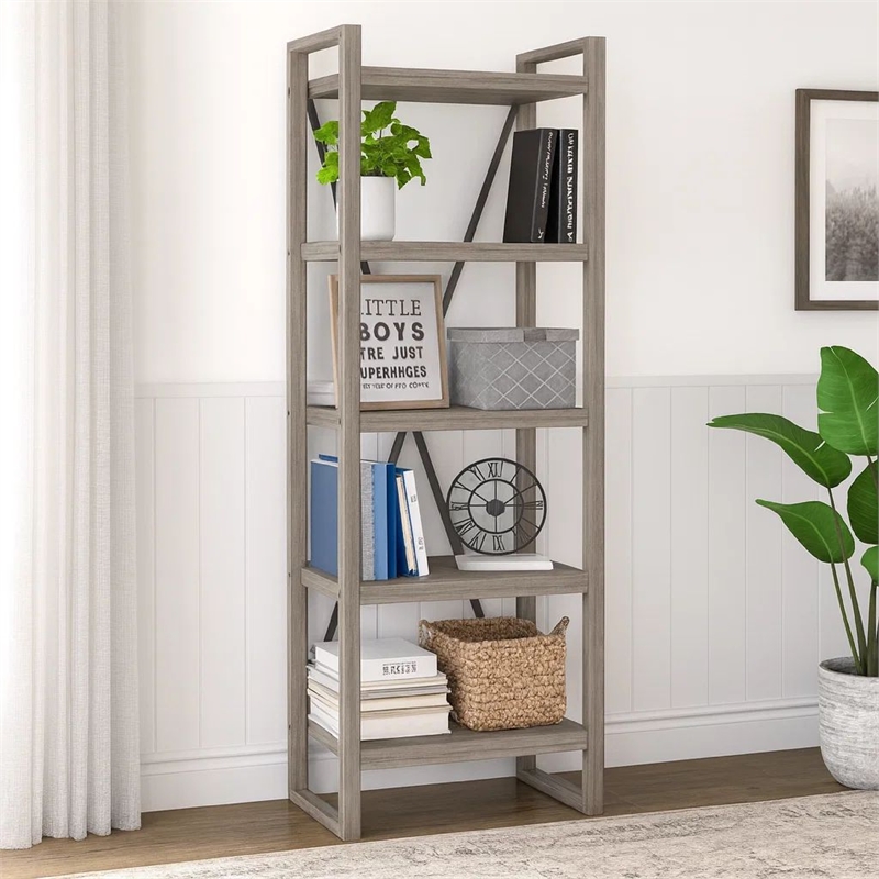 Rie 77 Inch Bookshelf- 4 Tiers - Metal X Shaped Support- Rustic Gray Wood
