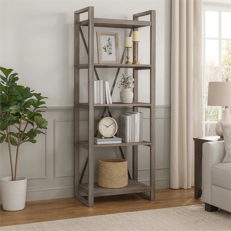 Rie 77 Inch Bookshelf- 4 Tiers - Metal X Shaped Support- Rustic Gray Wood