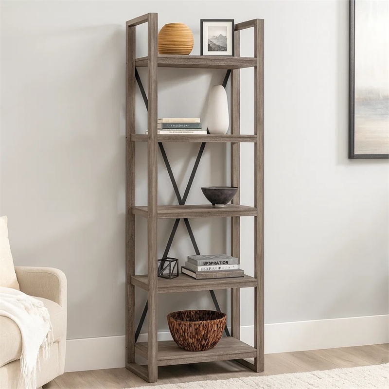 Rie 77 Inch Bookshelf- 4 Tiers - Metal X Shaped Support- Rustic Gray Wood