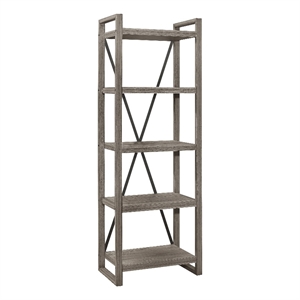 Rie 77 Inch Bookshelf- 4 Tiers - Metal X Shaped Support- Rustic Gray Wood