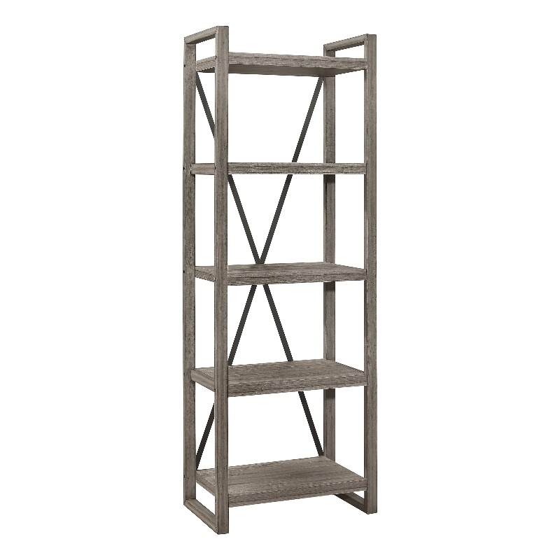 Rie 77 Inch Bookshelf- 4 Tiers - Metal X Shaped Support- Rustic Gray Wood