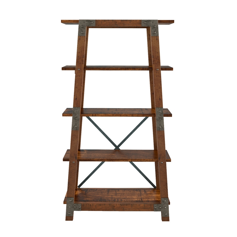 Fanny 72 Inch Bookshelf- 4 Tiers- Faux Rivet Details- Brown Wood Frame