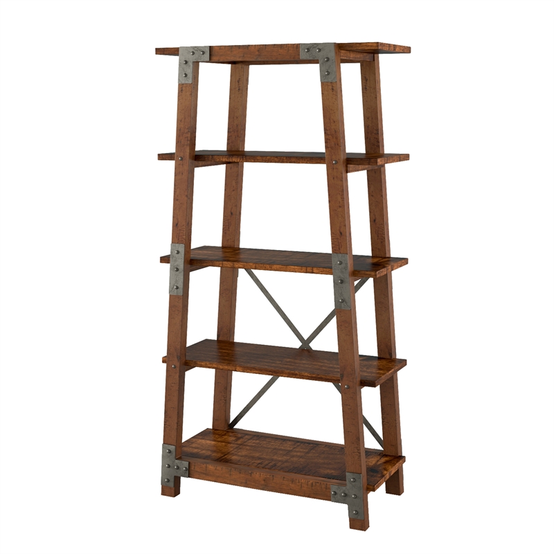 Fanny 72 Inch Bookshelf- 4 Tiers- Faux Rivet Details- Brown Wood Frame
