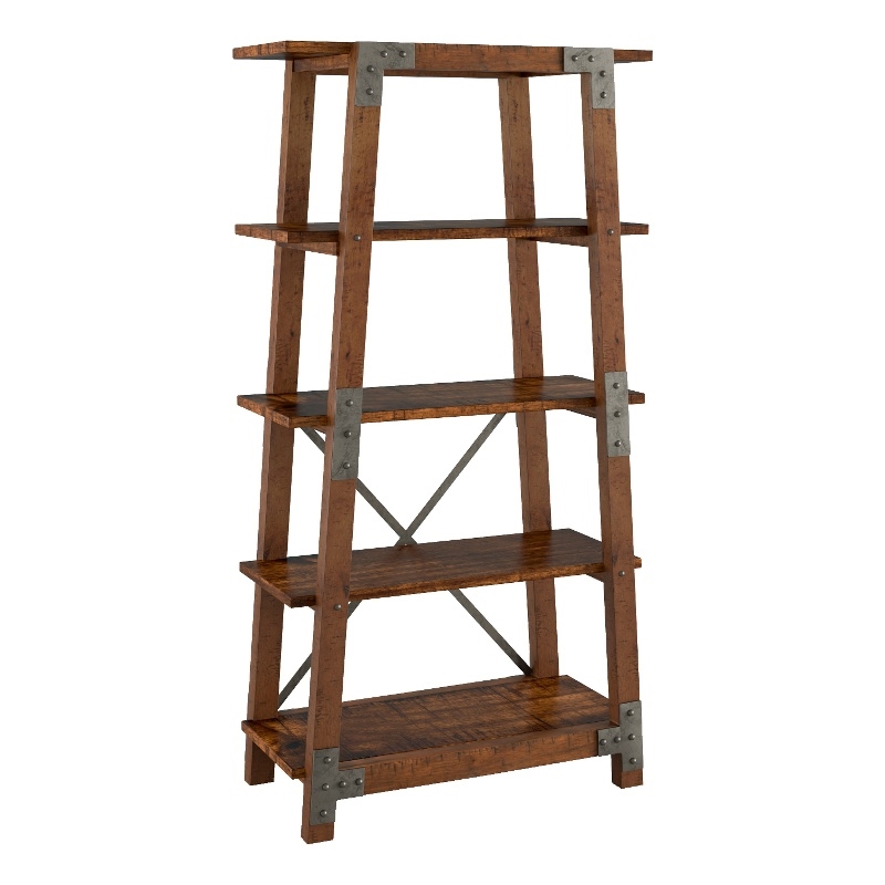 Fanny 72 Inch Bookshelf- 4 Tiers- Faux Rivet Details- Brown Wood Frame