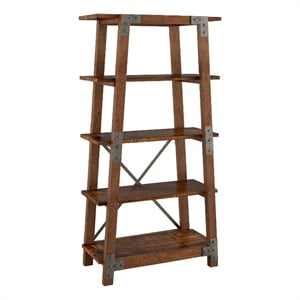 Fanny 72 Inch Bookshelf- 4 Tiers- Faux Rivet Details- Brown Wood Frame