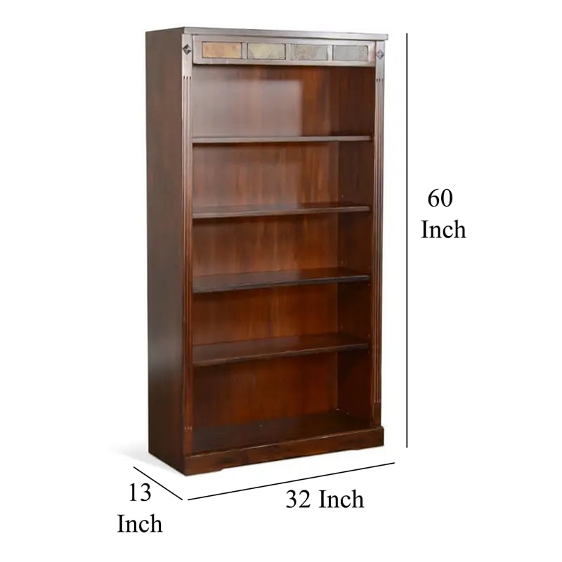 Odell Bookcase w 5 Adjustable Shelves- Dark Brown Slate Inlay 60 Inch