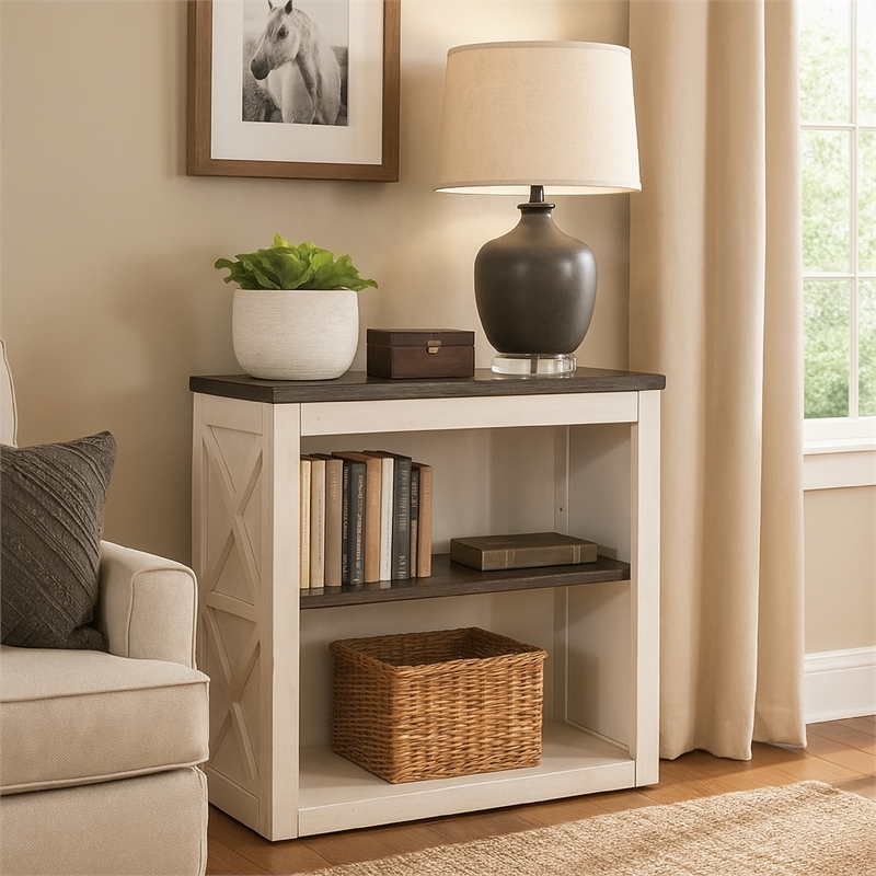 Zena 30 Inch Small Bookcase- 2 Shelves- 2 Tone in Brown- White Veneer
