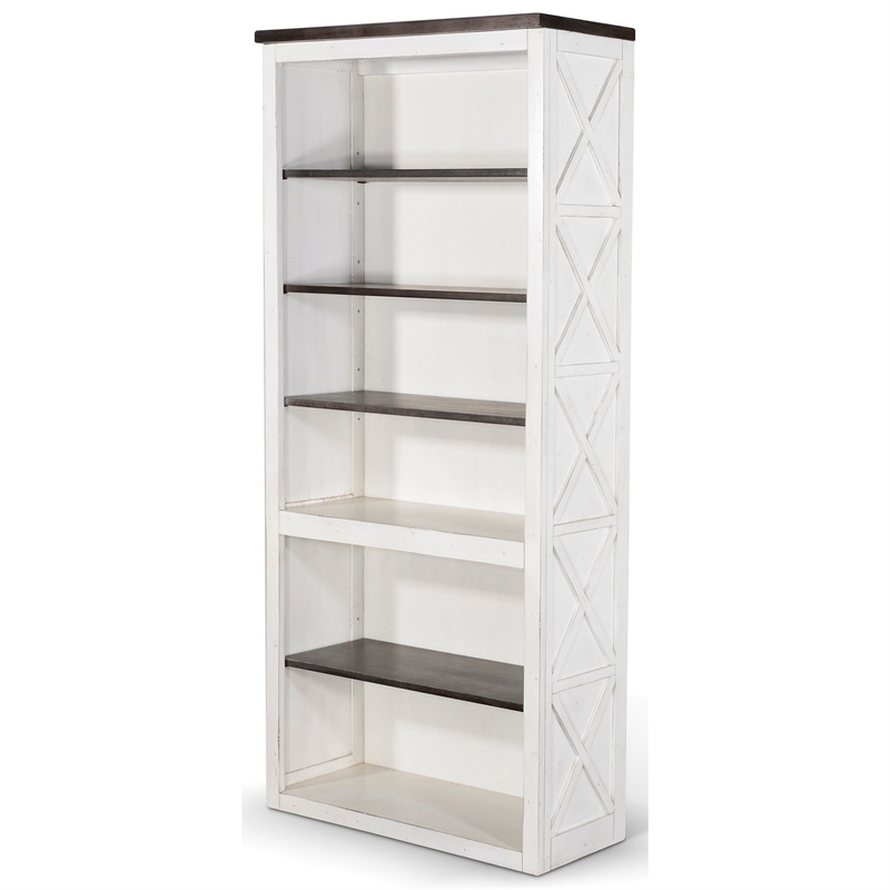 Zena Bookcase- X Cross Panels- 5 Shelves- 76 Inch White- Brown Veneer