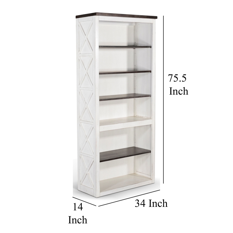 Zena Bookcase- X Cross Panels- 5 Shelves- 76 Inch White- Brown Veneer