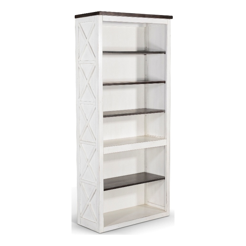 Zena Bookcase- X Cross Panels- 5 Shelves- 76 Inch White- Brown Veneer