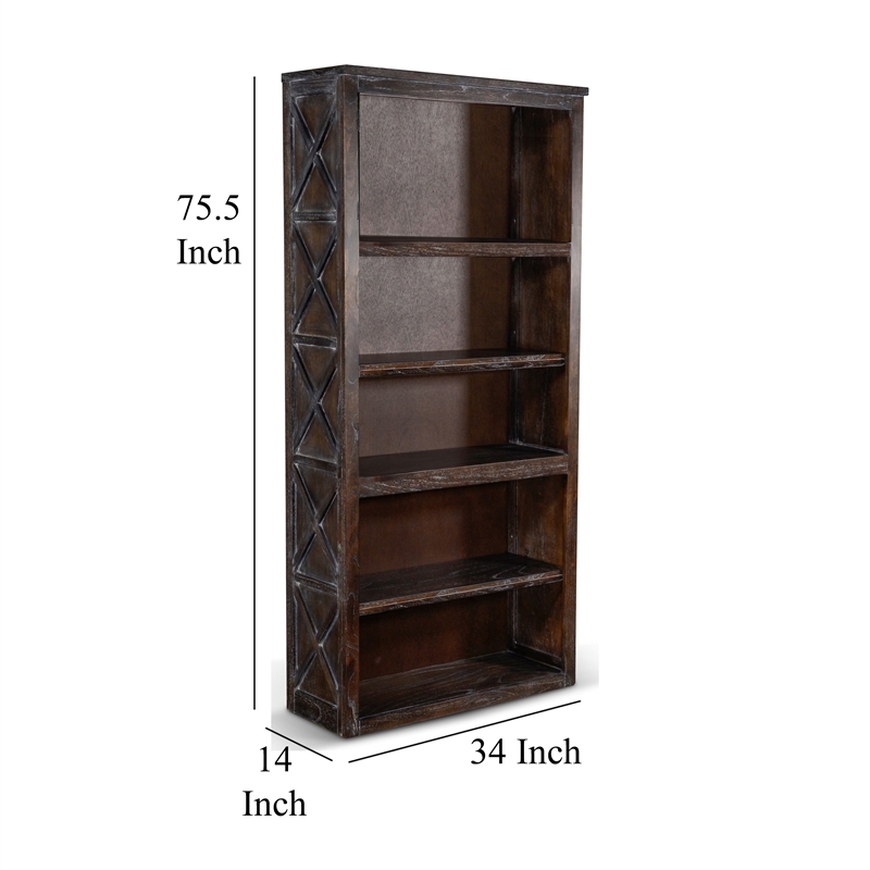 Sofi Bookcase- X Cross Panels and 5 Open Shelves- Dark Brown Veneer