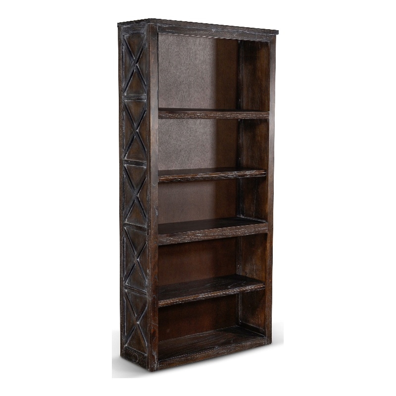 Sofi Bookcase- X Cross Panels and 5 Open Shelves- Dark Brown Veneer