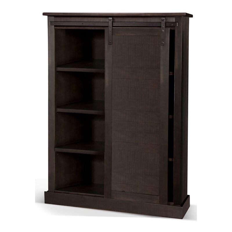 Cyna Bookcase- Sliding Barn Door with 3 Shelves- Dark Brown 66 Inch