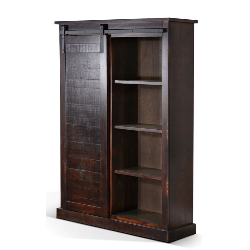 Cyna Bookcase- Sliding Barn Door with 3 Shelves- Dark Brown 66 Inch
