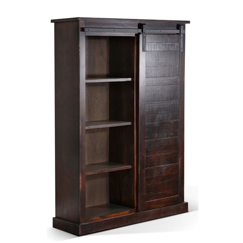 Cyna Bookcase- Sliding Barn Door with 3 Shelves- Dark Brown 66 Inch