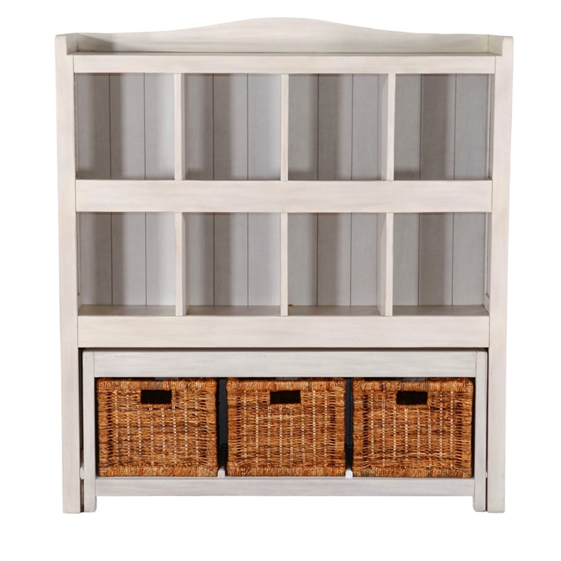 Bem Bookcase w Trundle Bench- 3 Woven Basket- 8 Cubbies- White 57 Inch