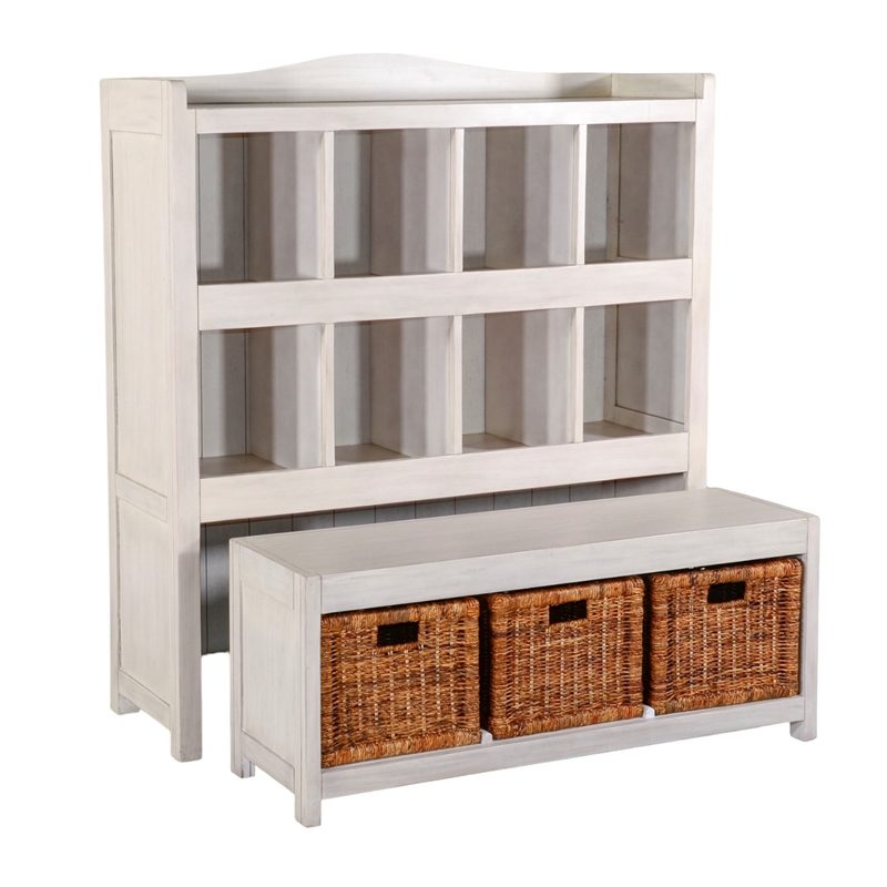 Bem Bookcase w Trundle Bench- 3 Woven Basket- 8 Cubbies- White 57 Inch