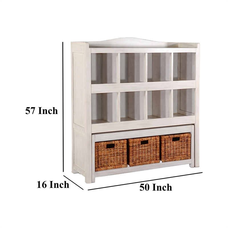 Bem Bookcase w Trundle Bench- 3 Woven Basket- 8 Cubbies- White 57 Inch