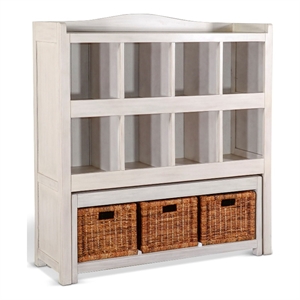 Bem Bookcase w Trundle Bench- 3 Woven Basket- 8 Cubbies- White 57 Inch