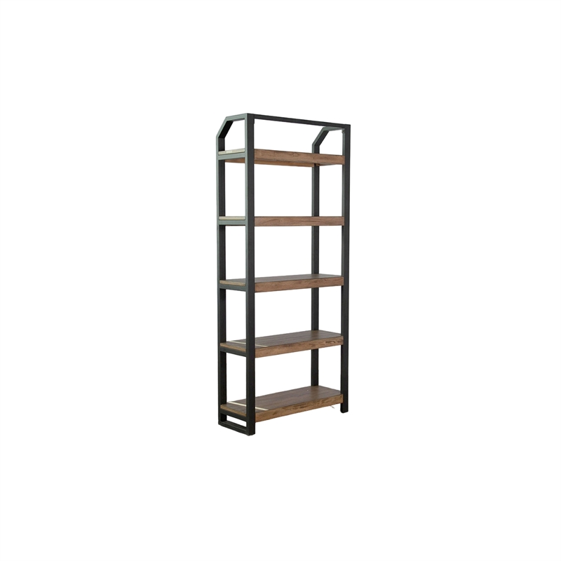 Yael Bookcase- 5 Brown Mahogany Shelves and Black Metal Frame- 72 Inch