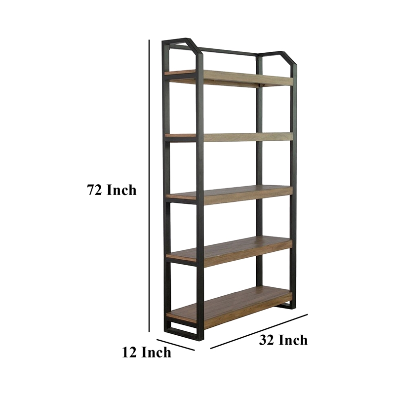 Yael Bookcase- 5 Brown Mahogany Shelves and Black Metal Frame- 72 Inch