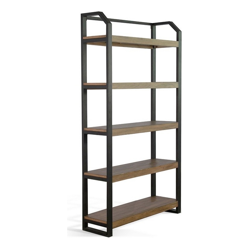 Yael Bookcase- 5 Brown Mahogany Shelves and Black Metal Frame- 72 Inch