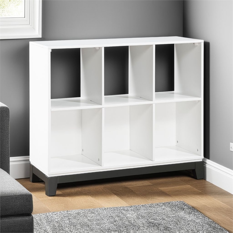 Thiem Bookcase- 6 Cubby Style Shelves- White- Black Veneer- 40 Inch
