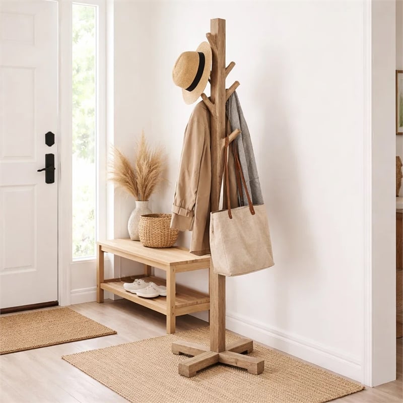 Rena Coat/Hat Tree Stand- 8 Wood Stems- 72 Inch Light Brown Mahogany