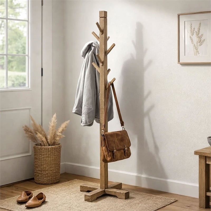 Rena Coat/Hat Tree Stand- 8 Wood Stems- 72 Inch Light Brown Mahogany