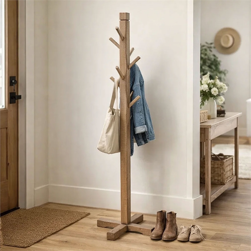 Rena Coat/Hat Tree Stand- 8 Wood Stems- 72 Inch Light Brown Mahogany