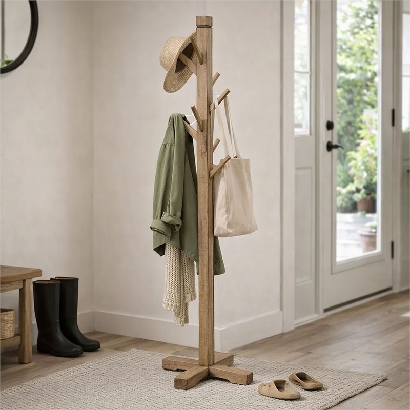 Rena Coat/Hat Tree Stand- 8 Wood Stems- 72 Inch Light Brown Mahogany
