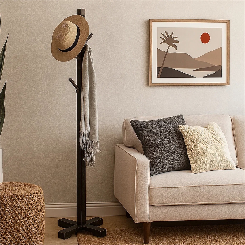 Rena Coat- Hat Rack Stand- 8 Wood Stems- 72 Inch Rustic Black Mahogany