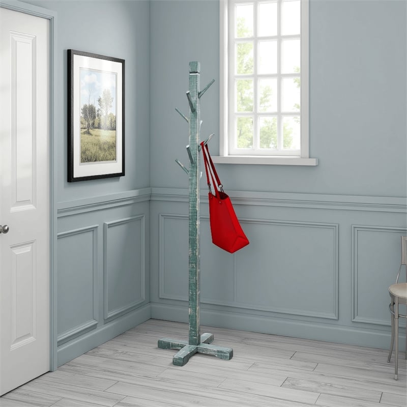 Rena Coat- Hat Rack Stand- 8 Wood Stems- 72 Inch Rustic Green Mahogany