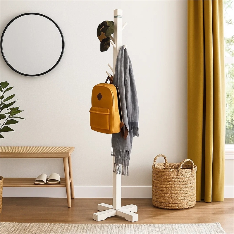 Rena Coat- Hat Rack Stand- 8 Wood Stems- 72 Inch Rustic White Mahogany